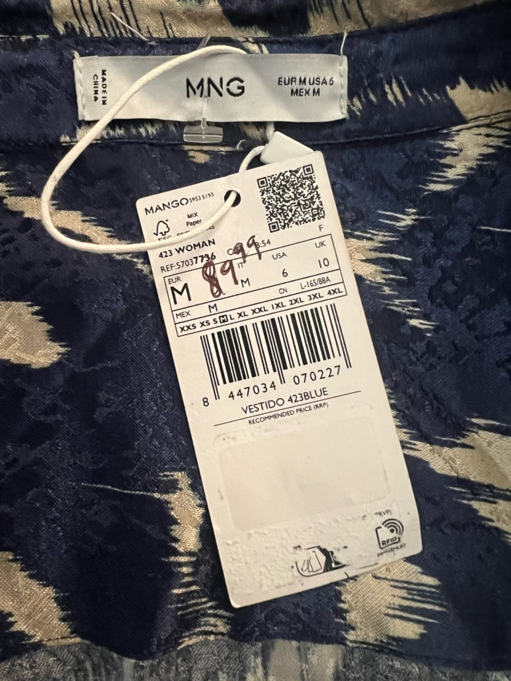 MANGO Blue & Cream Twist Front Print Long Sleeve Shirtdress Womens Size 6 NEW - Picture 5 of 7